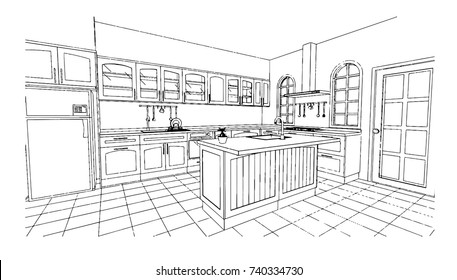 Black And White Classic Kitchen Style Sketch Design 