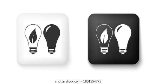 Black and white Classic Lamp and Light bulb with leaf inside icon isolated on white background. Lighting electric lamp. Green eco energy concept. Square button. Vector.