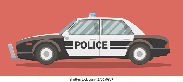 Black and white classic police car vector illustration. Side view, cartoon style.