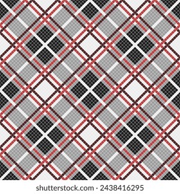 Black and White Classic with Red cross Tartan Plaid square shape pixel seamless pattern vector illustration.