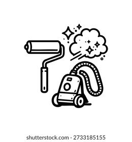 Ilustração vetorial do serviço de limpeza preto e branco com escova de rolo do aspirador e poeira cintilante