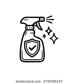 Black and white cleaning spray bottle icon with shield and sparkle disinfectant line vector illustration