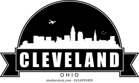 Schwarz-Weiß Cleveland Ohio Gebäude skyline-negative Luft Raum Silhouette Kuppel geformt Emblem mit Scrollbanner unten und Namen Text in der. Vektorgrafik-Design.