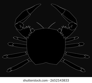 Caranguejo estilo clipart preto e branco em um fundo escuro com garras e antenas detalhadas. O corpo é cinza escuro, as pernas são cinza claro. Vista superior