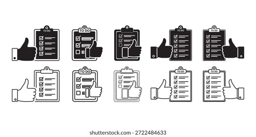 Black and white of clipboard with checkmarks and thumbs up clipboards