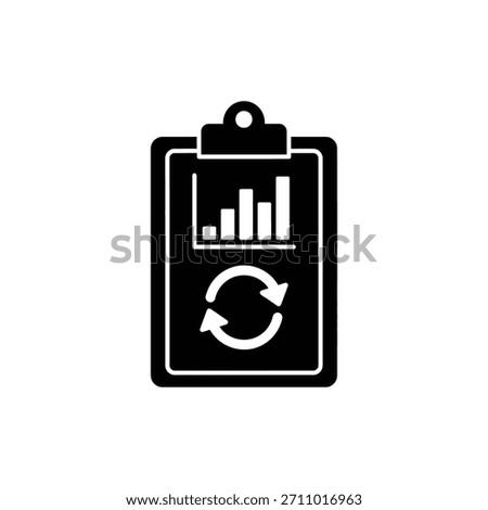 Black and white clipboard with graph and circular flow business analysis icon