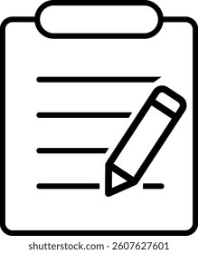 Black and white clipboard and pencil line icon for notes and checklist