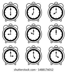 Black and white clock collection vector icon in different time on white background.