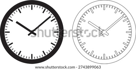 Black and white clock faces with hour markers time