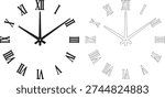 Black and white clock faces with Roman numerals and hands