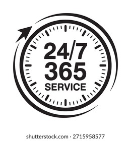 Un icono de reloj en blanco y negro que muestra 24 7 365 disponibilidad de servicio