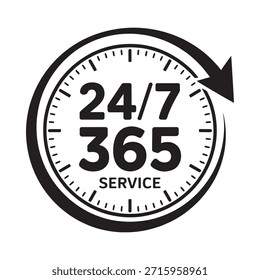 Um ícone de relógio preto e branco exibindo a disponibilidade do serviço 24 7 365