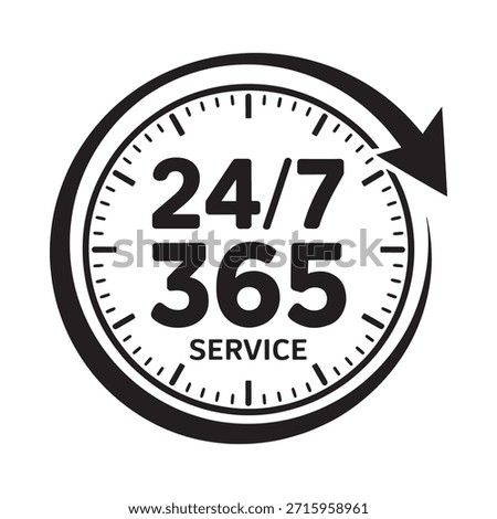A black and white clock icon displaying 24 7 365 service availability