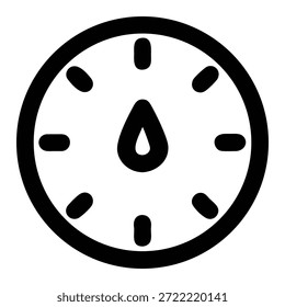 Um ícone de relógio preto e branco utiliza uma gota d'água para representar as mãos do tempo.