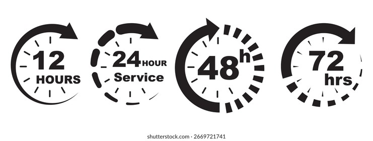 Die schwarz-weißen Uhrensymbole zeigen die Umschaltzeiten von 7, 12, 24, 48 und 72 Stunden an. Uhr und Stoppuhr, Uhr und Wecker. Schnelle Lieferung und Versand Aufkleber. Vektorgrafiken. EPS 10
