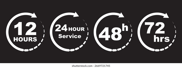 Iconos de reloj en blanco y negro que muestran tiempos de respuesta de 7, 12, 24, 48 y 72 horas. Reloj y cronómetro, reloj y alarma. Entrega rápida y envío de pegatinas. Ilustraciones vectoriales. Eps 10