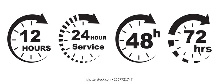 Ícones de relógio em preto-e-branco exibindo tempos de resposta de 7, 12, 24, 48 e 72 horas. Relógio e cronômetro, relógio e alarme. Entrega rápida e etiqueta de transporte. Ilustrações vetoriais. Eps 10