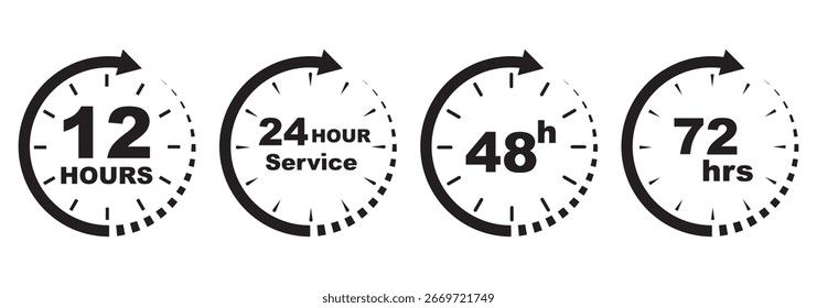 Iconos de reloj en blanco y negro que muestran tiempos de respuesta de 7, 12, 24, 48 y 72 horas. Reloj y cronómetro, reloj y alarma. Entrega rápida y envío de pegatinas. Ilustraciones vectoriales. Eps 10