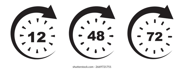 Ícones de relógio em preto-e-branco exibindo tempos de resposta de 7, 12, 24, 48 e 72 horas. Relógio e cronômetro, relógio e alarme. Entrega rápida e etiqueta de transporte. Ilustrações vetoriais. Eps 10