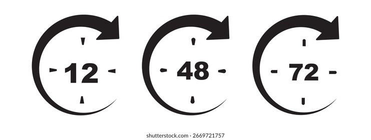 Black and white clock icons showing 7, 12, 24, 48, and 72 hour turnaround times. Watch and stopwatch, clock and alarm. Fast delivery and shipping stickers. Vector illustrations. Eps 10