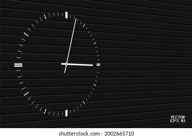 Reloj blanco y negro aislado sobre fondo de pared de ladrillo. Símbolo luminoso de la fecha límite. Vector. Ilustración 3D