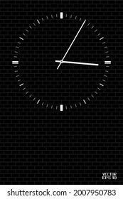 Black and White Clock Isolated on Brick Wall Background. Bright Symbol of Deadline. Vector. 3D Illustration