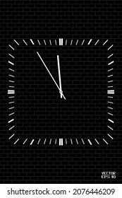 Black and White Clock Isolated on Brick Wall Background. Bright Symbol of Deadline. Vector. 3D Illustration