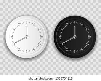 Black and white clock on transparent background. Simple icons. Business clocks for your projects.