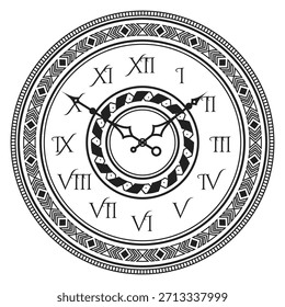 A black and white clock with Roman numerals on it