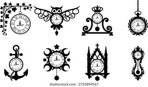 Black and white clock with various decorative clock time clock face