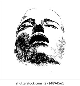 Ilustración de cerca en blanco y negro de una cara barbuda vista desde abajo, transmitiendo fuerza, introspección y masculinidad cruda a través de un contraste audaz y sombreado texturizado.
