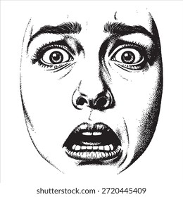 Cerca blanco y negro de la cara de una mujer aterrorizada con los ojos anchos y la boca abierta