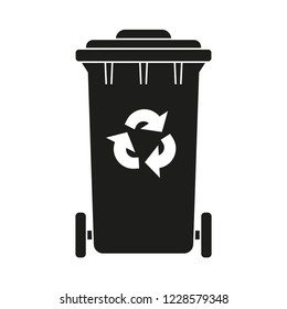 Black and white closed dumpster silhouette. Street recycle trash bin Waste disposal themed vector illustration for icon, logo, stamp, label, emblem, certificate, leaflet, brochure or banner decoration