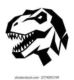 A black and white close-up illustration of a T-rex dinosaur head with sharp teeth and menacing gaze, ideal for design projects, scary movie posters, or educational materials about prehistoric creatures.