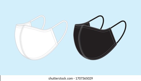 Black and White Cloth mask illustration. Homemade protective face mask covid-19.