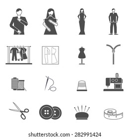 Black and white clothes and fashion designer tools and materials flat icon set isolated vector illustration