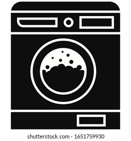 Black and white clothes washer machine with foam and bubbles icon isolated on white background. Simple flat logo design vector illustration. Silhouette home appliance laundry machine in black color.