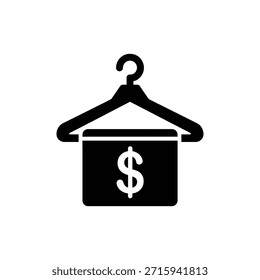Black and white clothing hanger solid icon with dollar sign overlay
