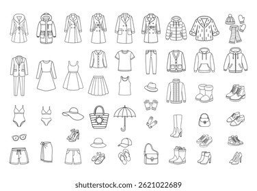 Black and white clothing icon set. Fashion illustration of clothes, shoes and accessories.