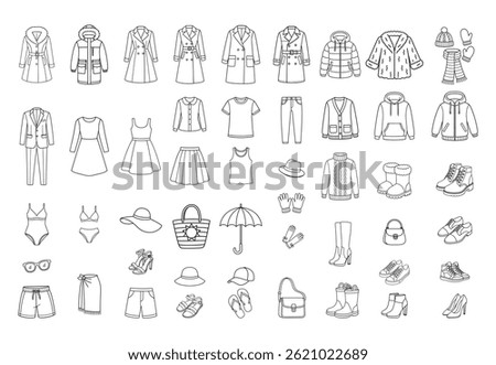 Black and white clothing icon set. Fashion illustration of clothes, shoes and accessories.