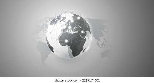 Black and White Cloud Computing and Global Networks Concept with Earth Globe and World Map - Abstract Global Digital Connections, Technology Background, Creative Vector Design Template