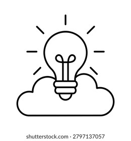 Black and white cloud light bulb icon for inspiration, glowing bulb on cloud symbol for elevated idea and creative vision