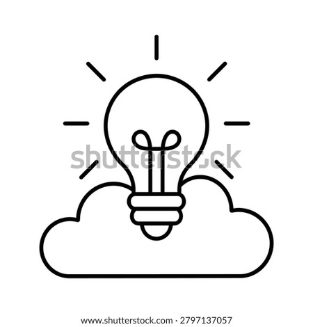 Black and white cloud light bulb icon for inspiration, glowing bulb on cloud symbol for elevated idea and creative vision