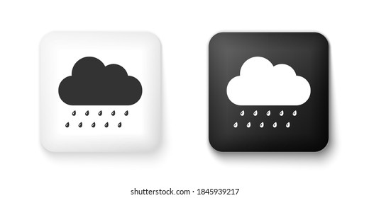 Nube blanca y negra con icono de lluvia aislado en fondo blanco. precipitación de nubes de nimbus con caídas de lluvia. Botón cuadrado. Vector.