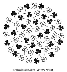 Black and white clover leaves in shape of circle. Abstarct round monochrome shamrocks background