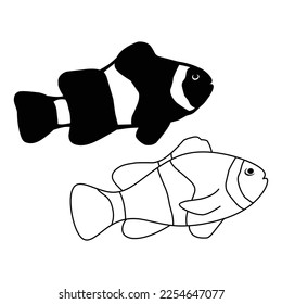 black and white a clown fish vector set isolated on white background. fish, clown, nemo, coral, reef, tropical, aquarium, pet, seafood, flat, white, black, vector illustration.