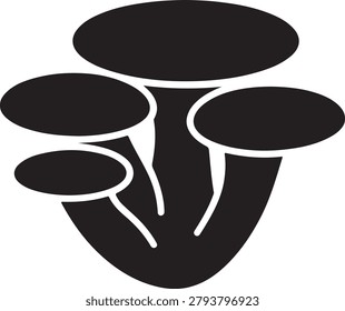 Black and white of a cluster of three mushrooms with flat round caps on white background, fungus de