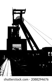 Black and white coal mine headframe silhouette vector. Industrial mining complex outline.