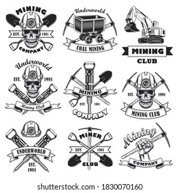 Black and white coal mining company flat stamp set. Monochrome retro skull of miner, mine tools and machine isolated vector illustration collection. Industry and design for stickers concept