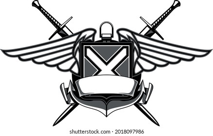 escudo blanco y negro con ancla, escudo, alas y espadas